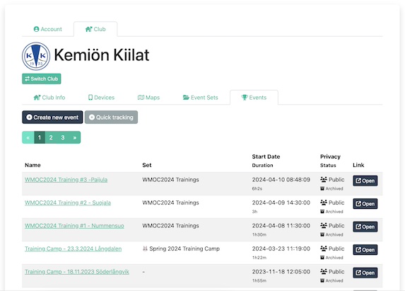 Listing a club events on Routechoices dashboard